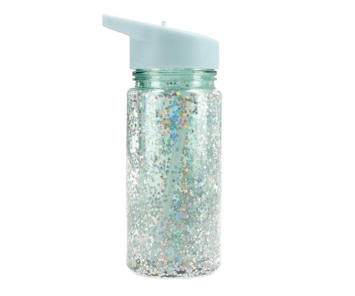 Botella con Pajita Glitter Stars Turquoise