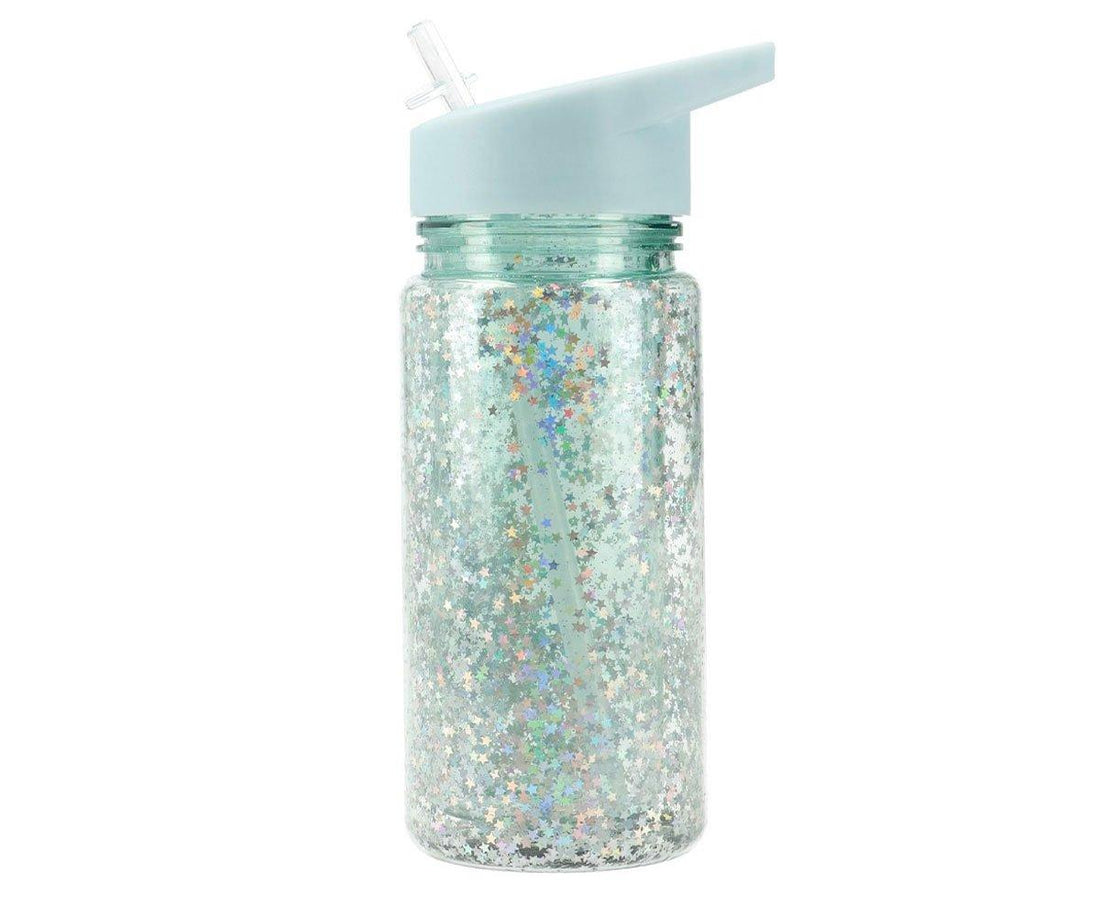 Botella con Pajita Glitter Stars Turquoise